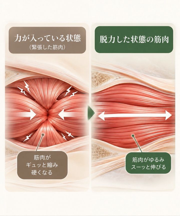 力が入って筋肉がギュッと縮み硬くなった状態と、脱力して筋肉がゆるみスーッと伸びる状態を比べたイラスト